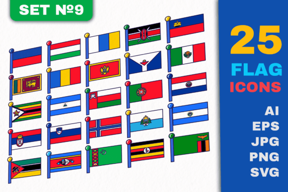 Flag Icons Set 9 - 25 Flat Outline Flag Graphics